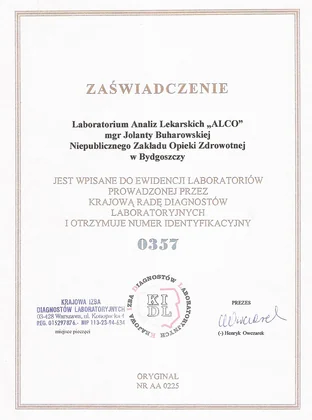 Wpis do ewidencji laboratoriów — Numer identyfikacyjny 0357