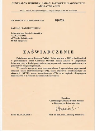 Kontrola jakości — krzepnięcie krwi — 2005