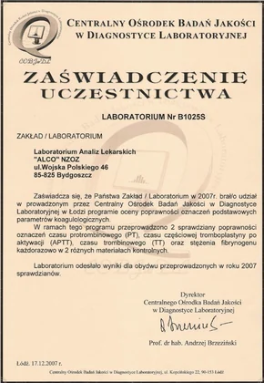 Kontrola jakości — krzepnięcie krwi — 2007