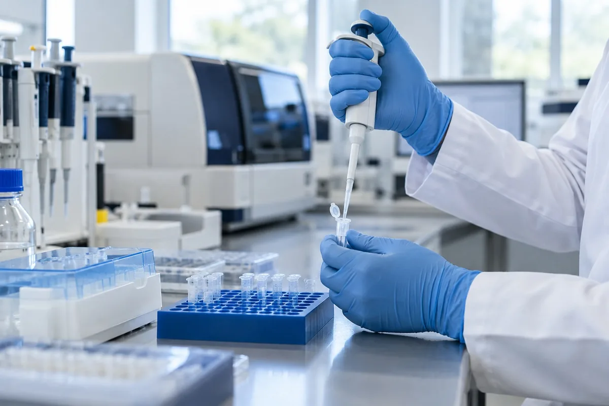 Ilustracja pracy laboratoryjnej: precyzyjne przenoszenie próbki pipetą