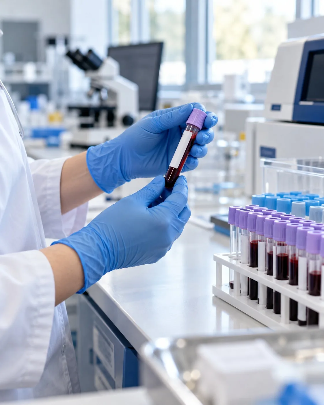 Ilustracja pracy laboratoryjnej: dłonie w rękawiczkach trzymają zamkniętą próbkę